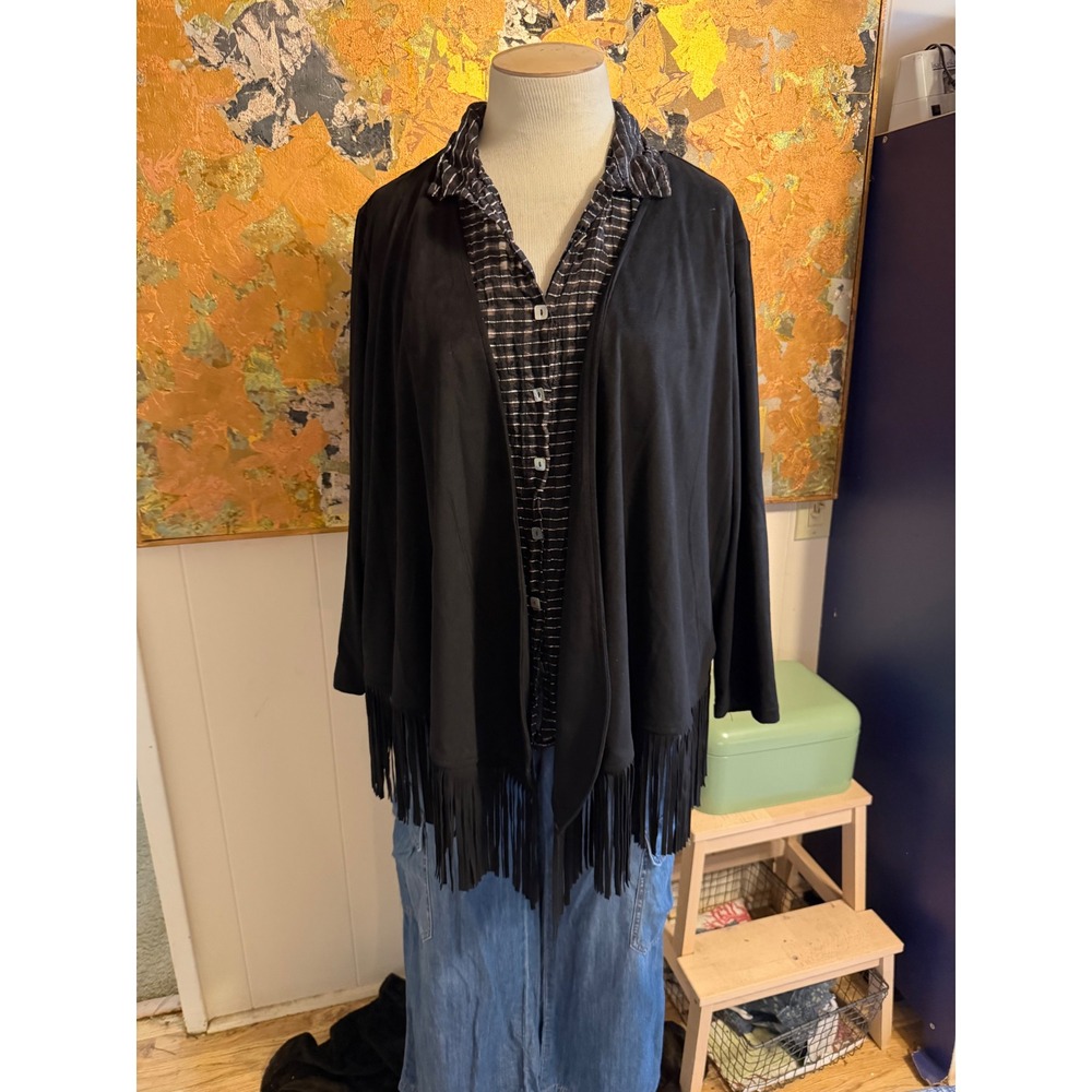 American Rag Cie Womens 2X Black Faux Suede Fringe Open Front Cardigan Jacket